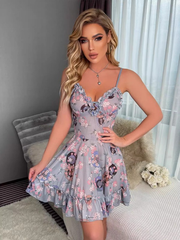 Mesh Print See-Through Slip Nightdress
