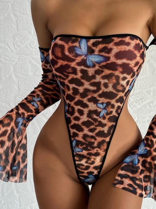 Sexy Sleeved One-Piece Leopard Print