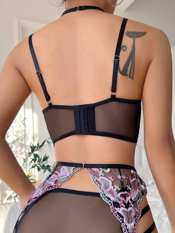 Lace Pattern Three Point See-Through Suspenders
