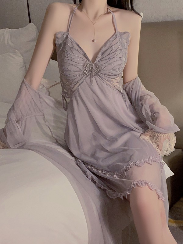 Backless Mesh Halter Nightgown